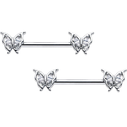 14G 9/16 Clear Gem Fancy Fab Butterfly Barbell Nipple Ring Set