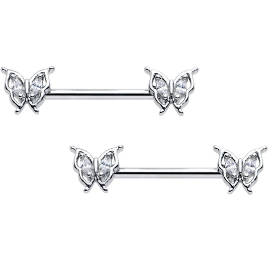 14G 9/16 Clear Gem Fancy Fab Butterfly Barbell Nipple Ring Set