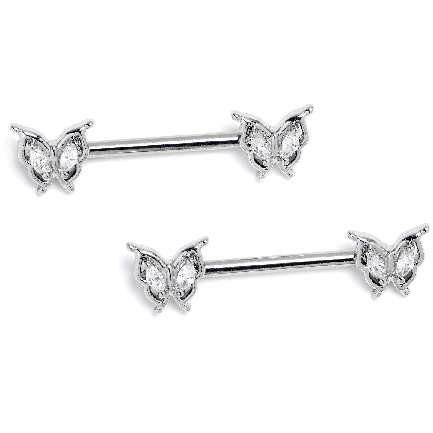 14G 9/16 Clear Gem Fancy Fab Butterfly Barbell Nipple Ring Set