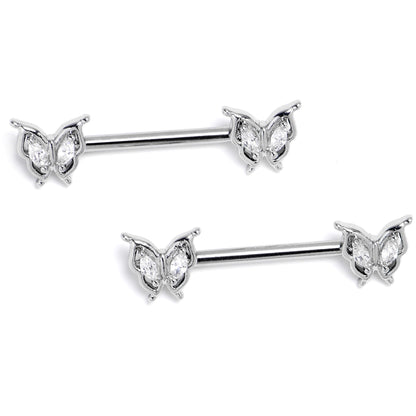 14G 9/16 Clear Gem Fancy Fab Butterfly Barbell Nipple Ring Set