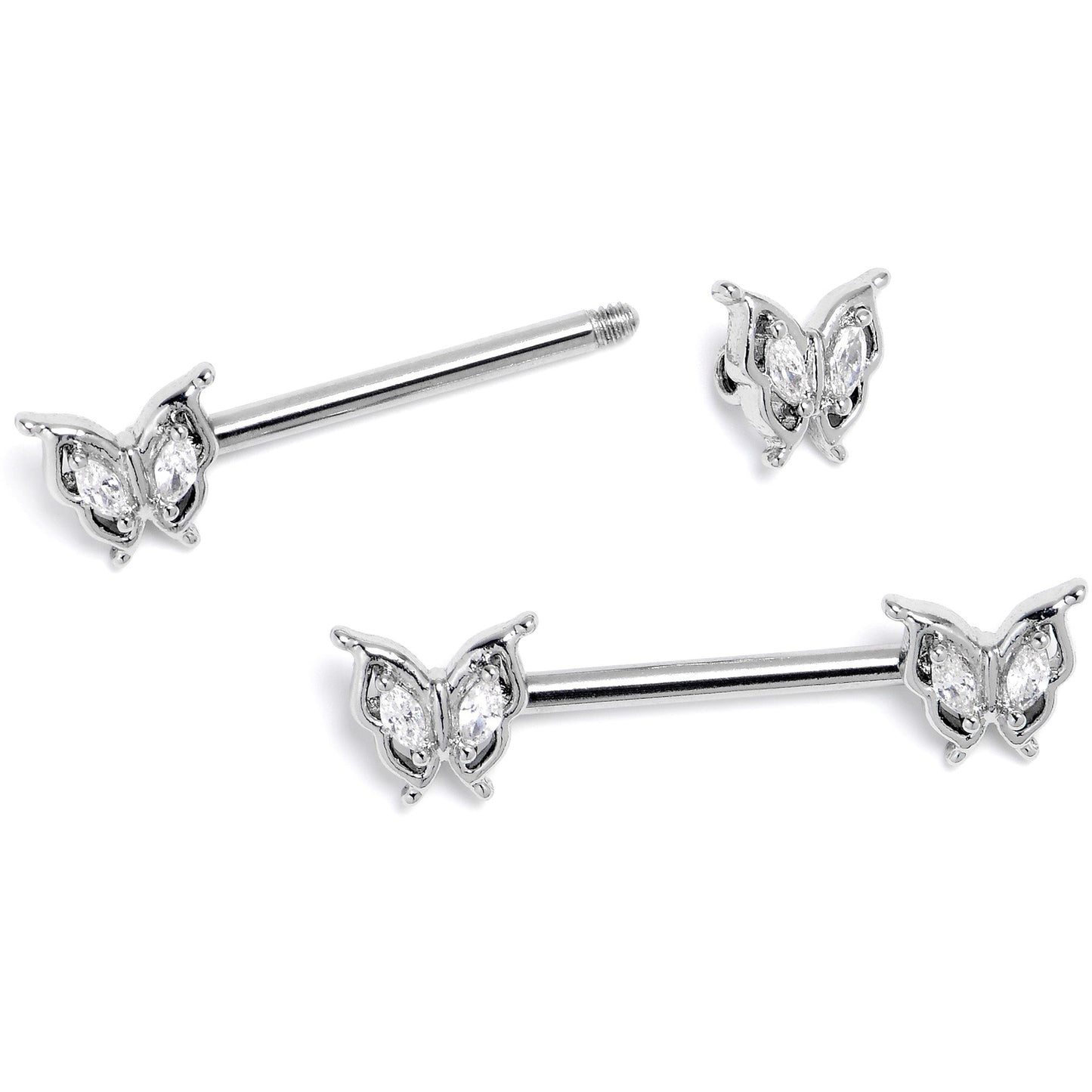 14G 9/16 Clear Gem Fancy Fab Butterfly Barbell Nipple Ring Set