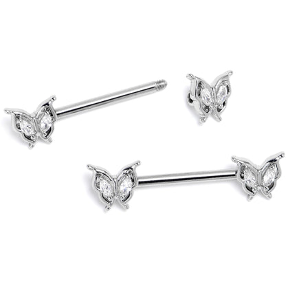 14G 9/16 Clear Gem Fancy Fab Butterfly Barbell Nipple Ring Set