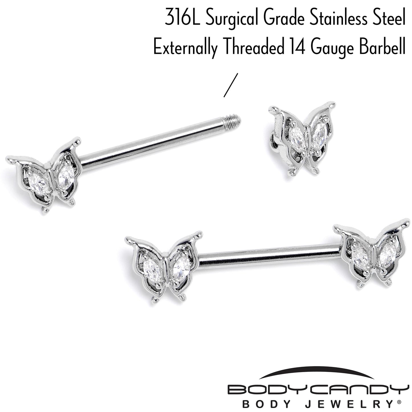 14G 9/16 Clear Gem Fancy Fab Butterfly Barbell Nipple Ring Set
