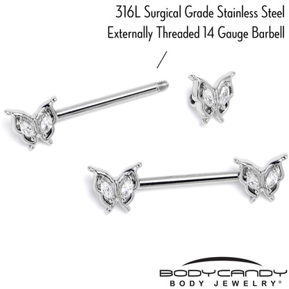 14G 9/16 Clear Gem Fancy Fab Butterfly Barbell Nipple Ring Set