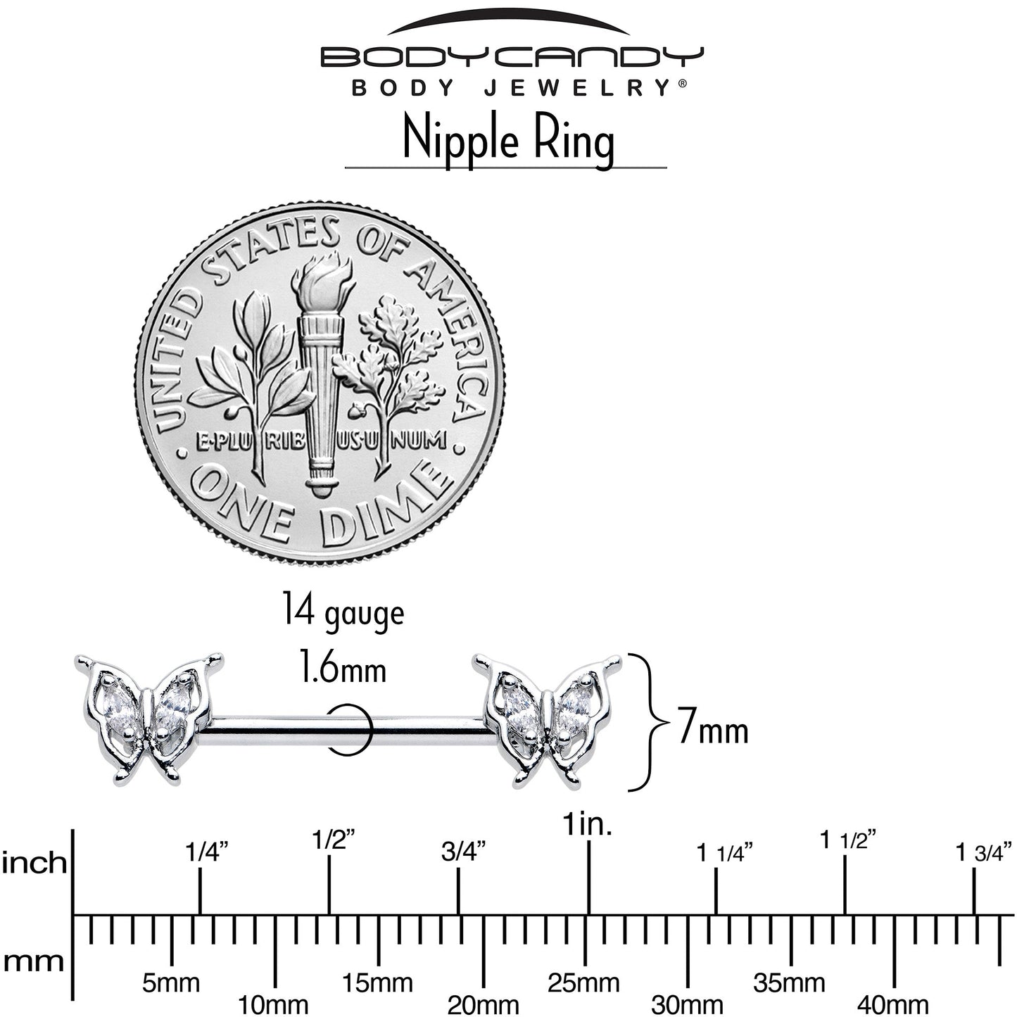 14G 9/16 Clear Gem Fancy Fab Butterfly Barbell Nipple Ring Set