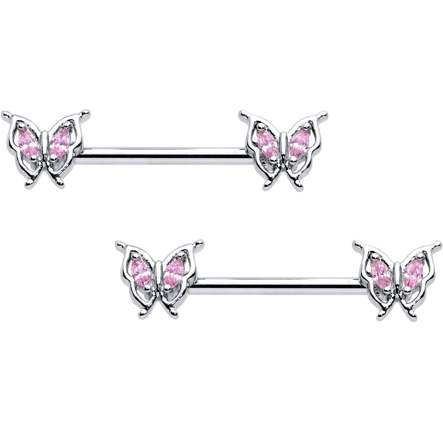 14G 9/16 Pink Gem Fancy Fab Butterfly Barbell Nipple Ring Set