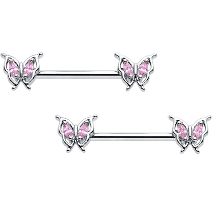 14G 9/16 Pink Gem Fancy Fab Butterfly Barbell Nipple Ring Set
