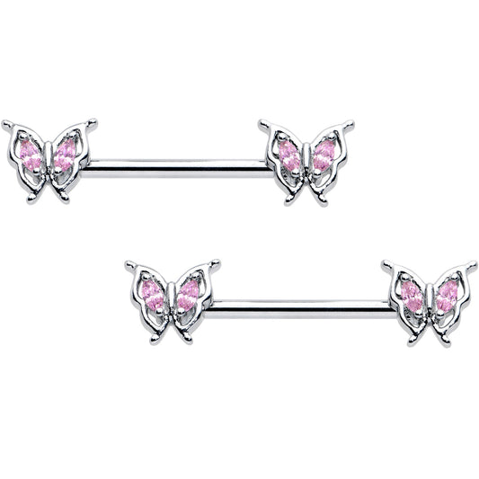 14G 9/16 Pink Gem Fancy Fab Butterfly Barbell Nipple Ring Set