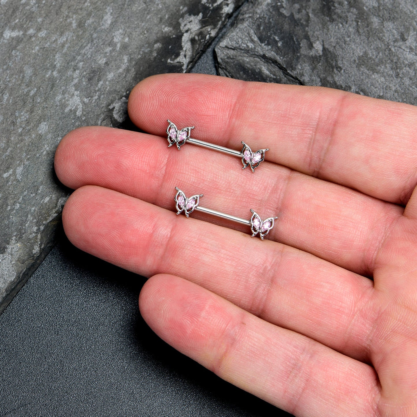 14G 9/16 Pink Gem Fancy Fab Butterfly Barbell Nipple Ring Set