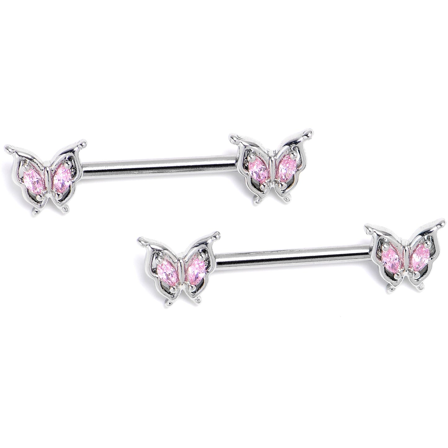 14G 9/16 Pink Gem Fancy Fab Butterfly Barbell Nipple Ring Set
