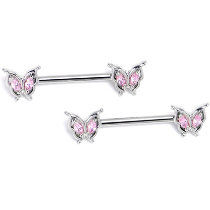 14G 9/16 Pink Gem Fancy Fab Butterfly Barbell Nipple Ring Set