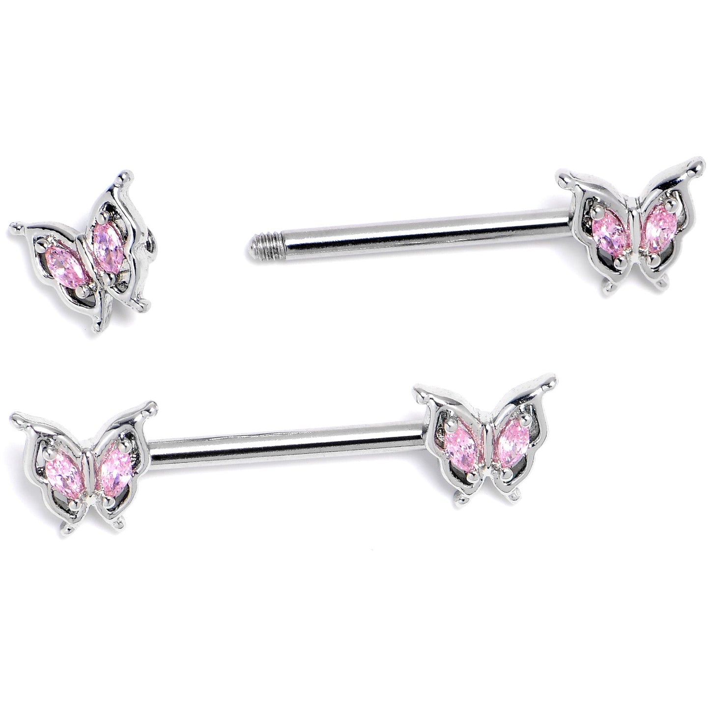 14G 9/16 Pink Gem Fancy Fab Butterfly Barbell Nipple Ring Set