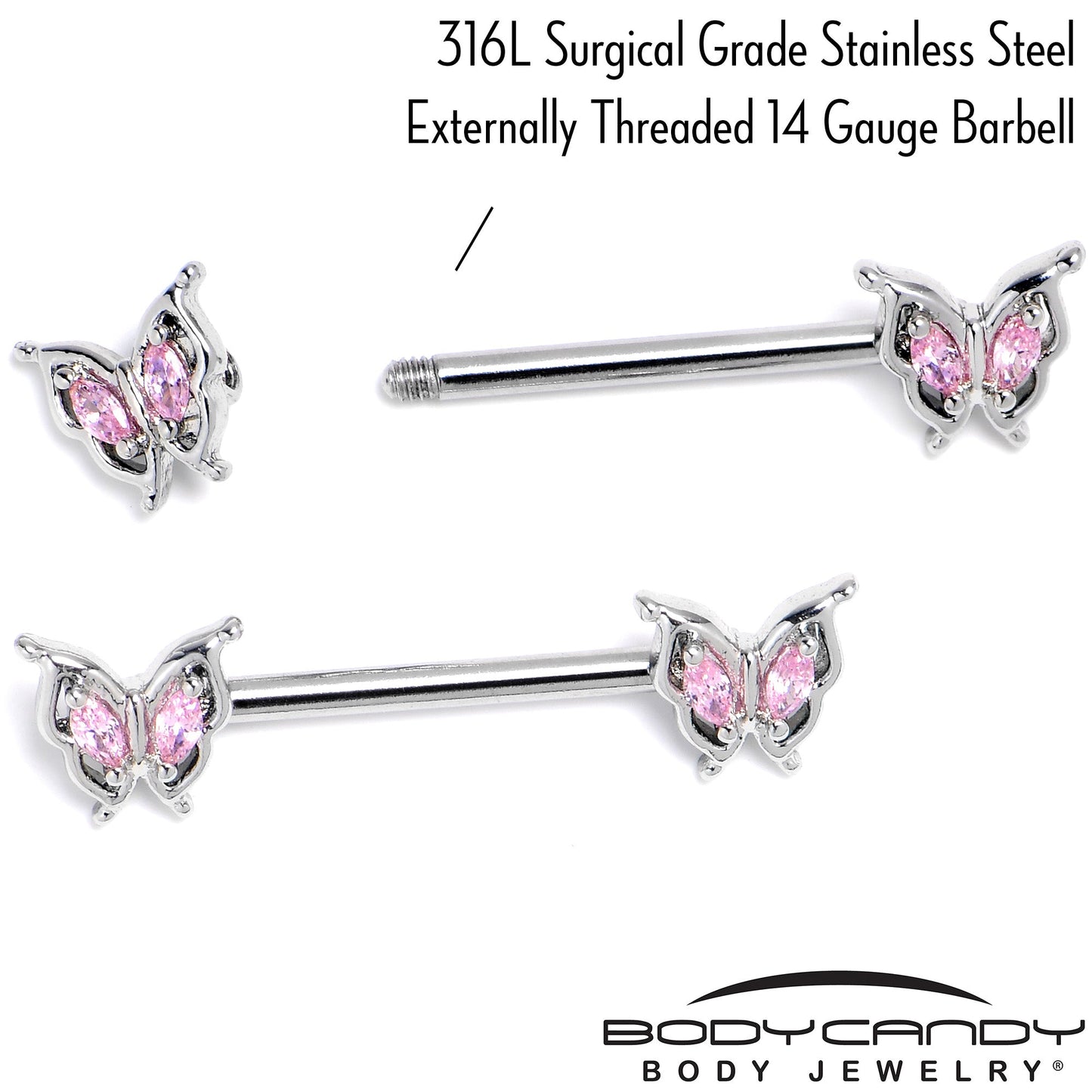 14G 9/16 Pink Gem Fancy Fab Butterfly Barbell Nipple Ring Set