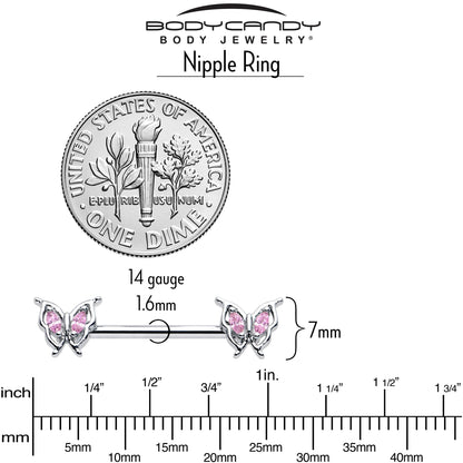14G 9/16 Pink Gem Fancy Fab Butterfly Barbell Nipple Ring Set