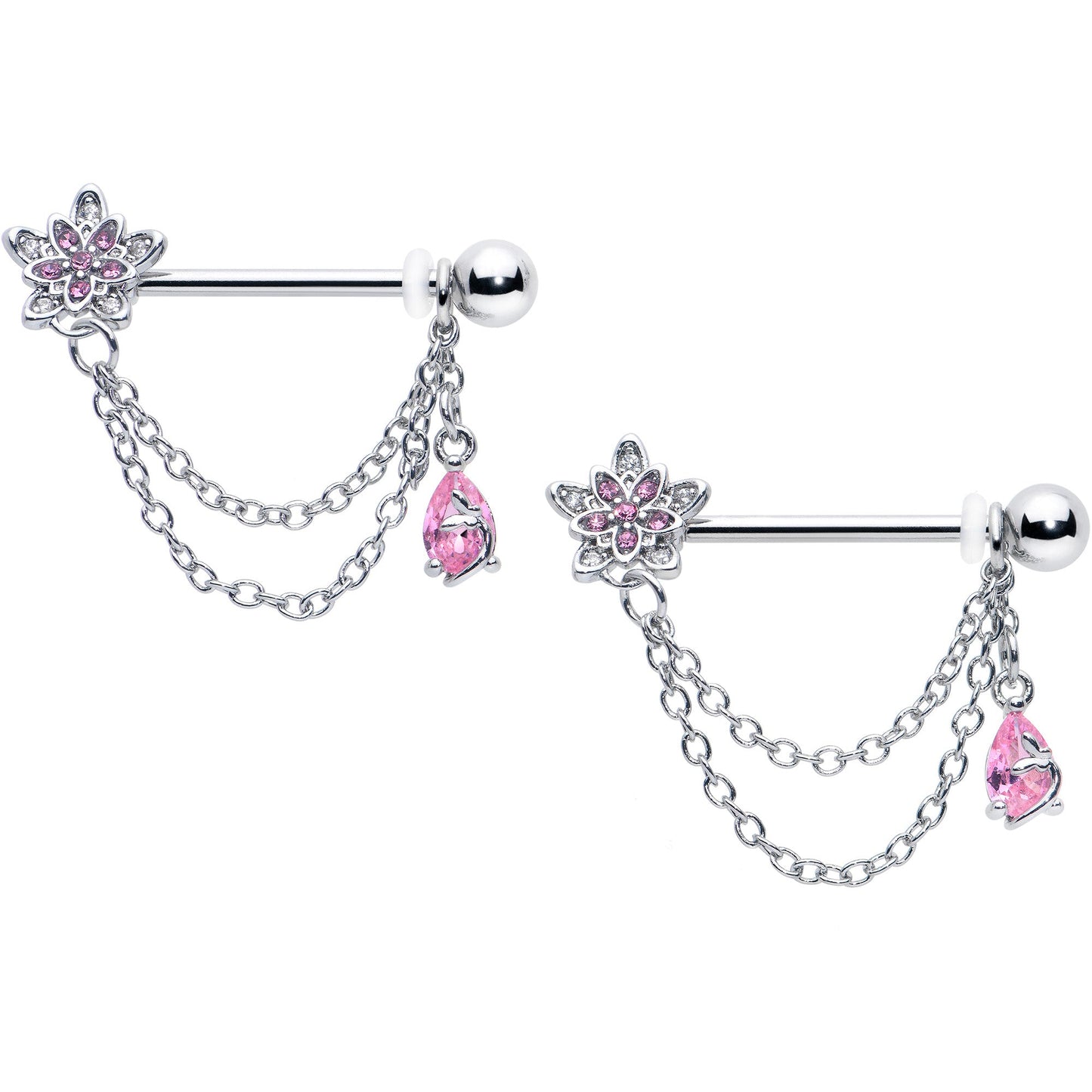 14G 9/16 Pink CZ Gem Snowflake Flower Chain Dangle Nipple Ring Set