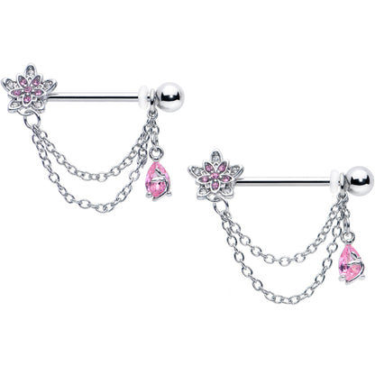 14G 9/16 Pink CZ Gem Snowflake Flower Chain Dangle Nipple Ring Set