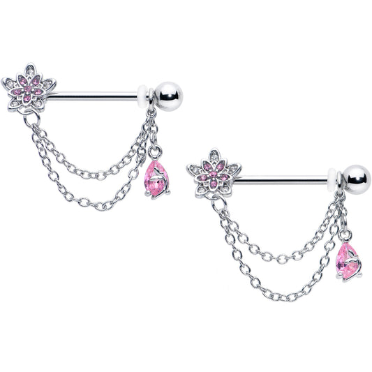 14G 9/16 Pink CZ Gem Snowflake Flower Chain Dangle Nipple Ring Set