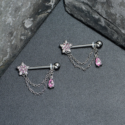 14G 9/16 Pink CZ Gem Snowflake Flower Chain Dangle Nipple Ring Set