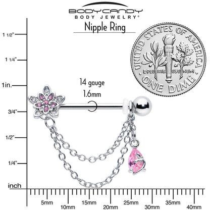14G 9/16 Pink CZ Gem Snowflake Flower Chain Dangle Nipple Ring Set