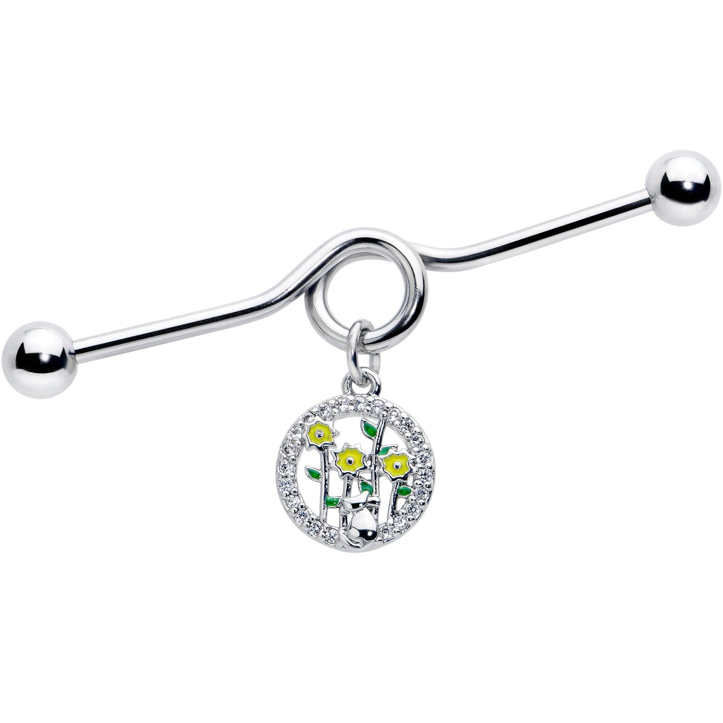 14G Clear Gem Cat Yellow Flowers Dangle Project Bar 38mm