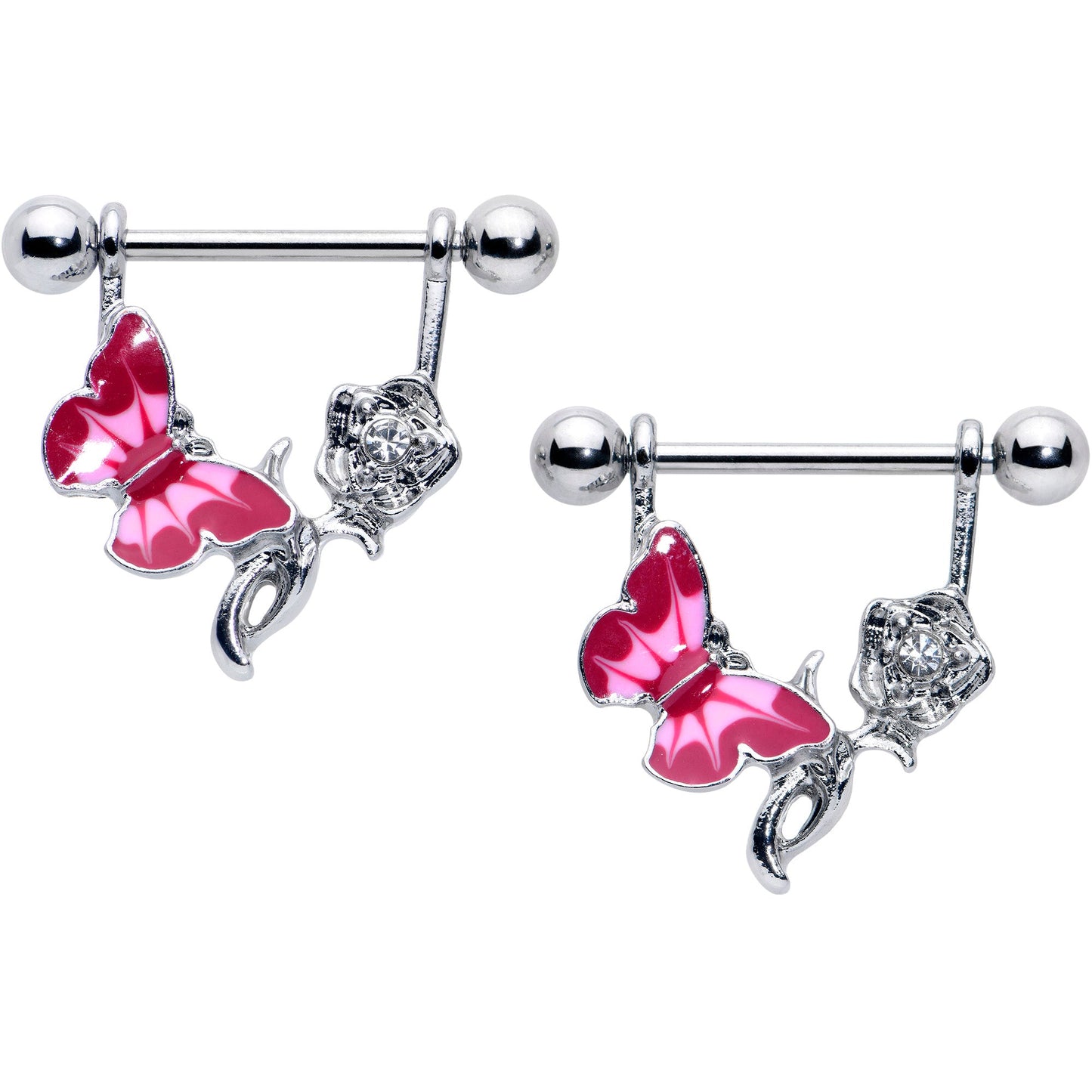 14G 9/16 Butterfly Pink Rose Flower Dangle Nipple Ring Set