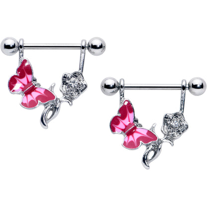 14G 9/16 Butterfly Pink Rose Flower Dangle Nipple Ring Set