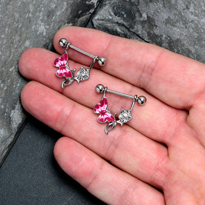 14G 9/16 Butterfly Pink Rose Flower Dangle Nipple Ring Set