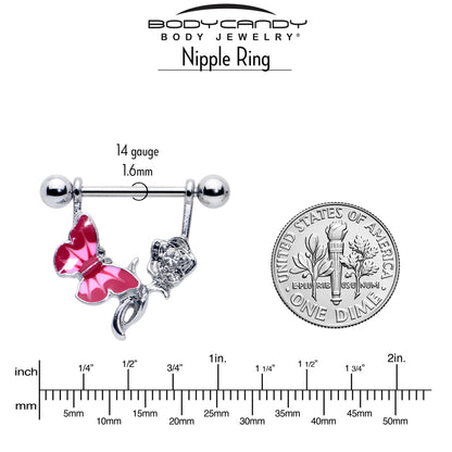 14G 9/16 Butterfly Pink Rose Flower Dangle Nipple Ring Set