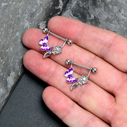 14G 9/16 Butterfly Purple Rose Flower Dangle Nipple Ring Set