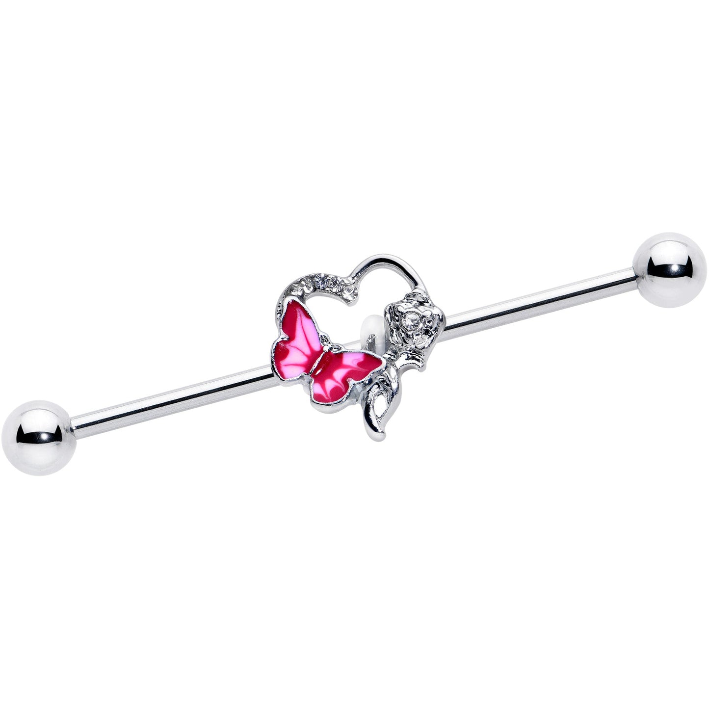 14G Clear Gem Butterfly Rose Flower Pink Industrial Barbell 38mm