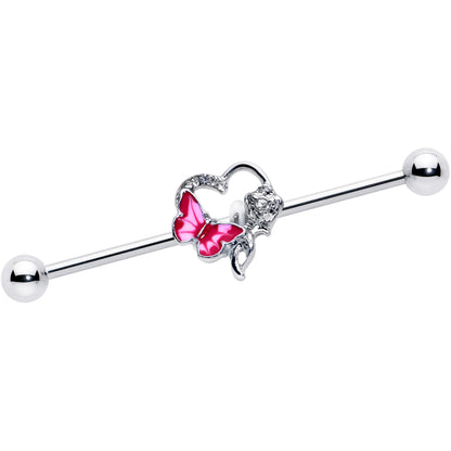14G Clear Gem Butterfly Rose Flower Pink Industrial Barbell 38mm