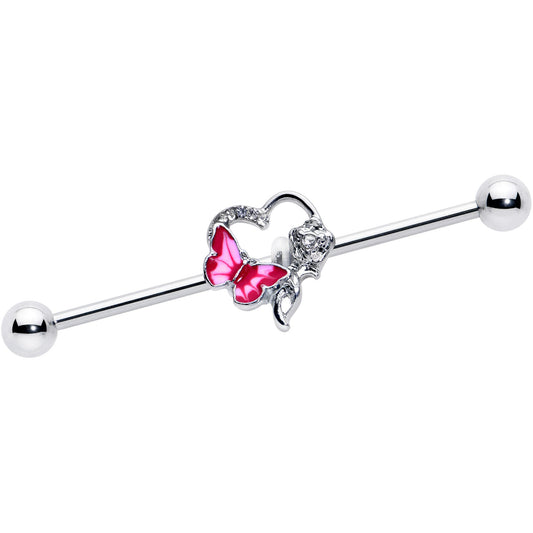 14G Clear Gem Butterfly Rose Flower Pink Industrial Barbell 38mm