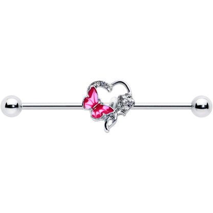14G Clear Gem Butterfly Rose Flower Pink Industrial Barbell 38mm