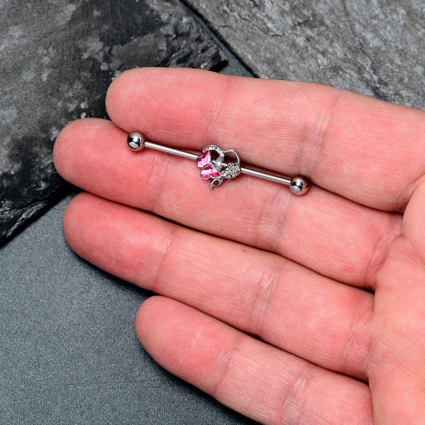 14G Clear Gem Butterfly Rose Flower Pink Industrial Barbell 38mm