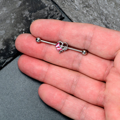 14G Clear Gem Butterfly Rose Flower Pink Industrial Barbell 38mm