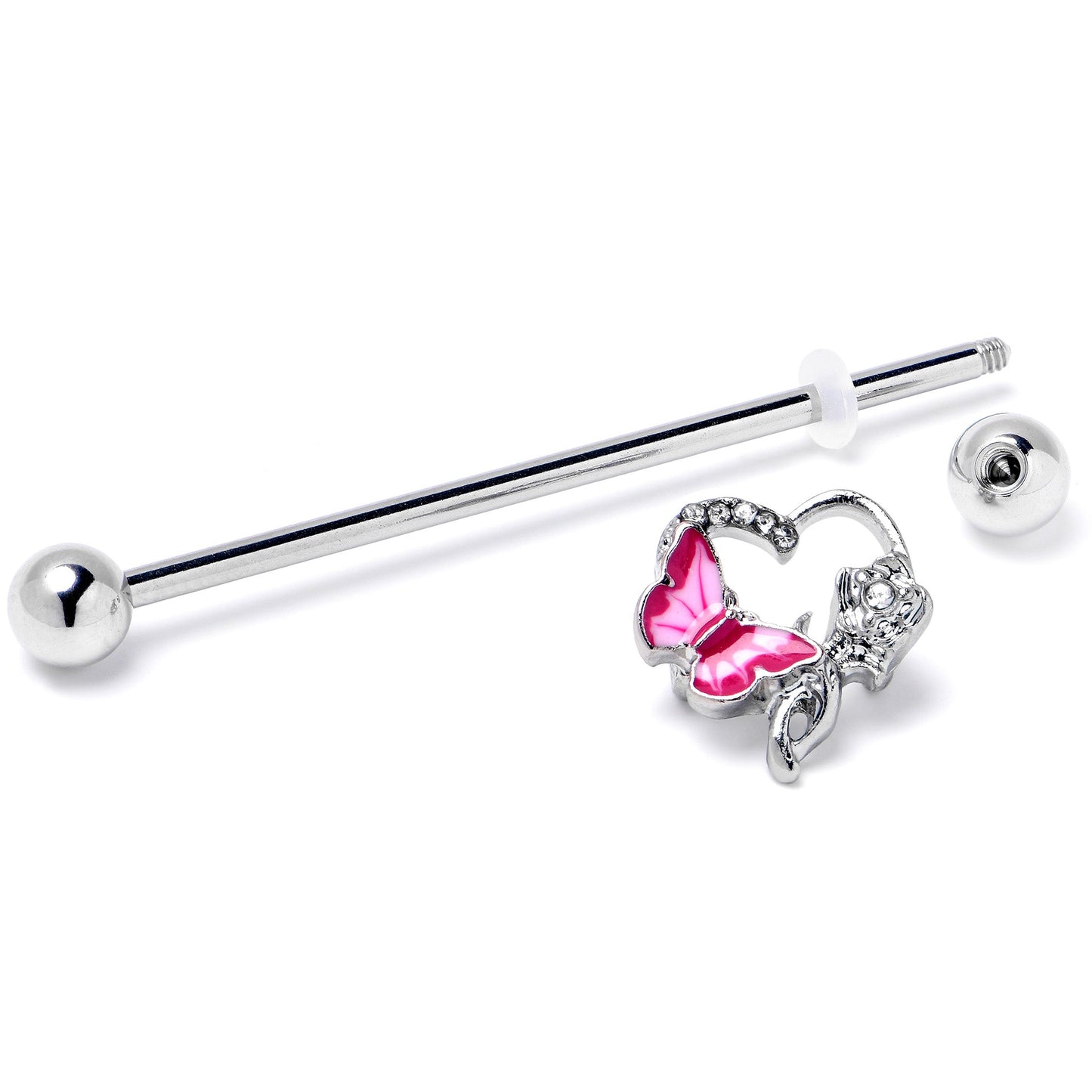 14G Clear Gem Butterfly Rose Flower Pink Industrial Barbell 38mm