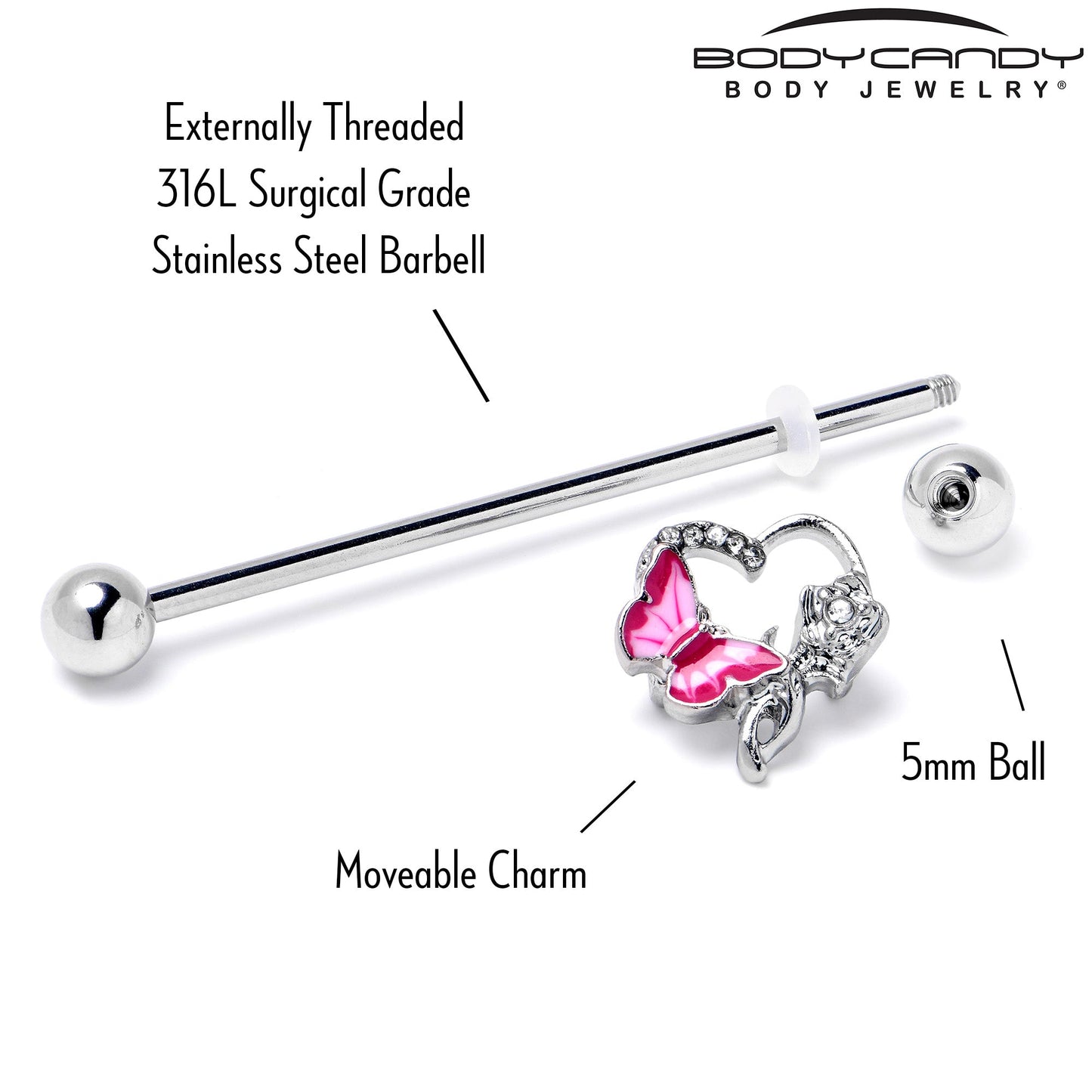 14G Clear Gem Butterfly Rose Flower Pink Industrial Barbell 38mm