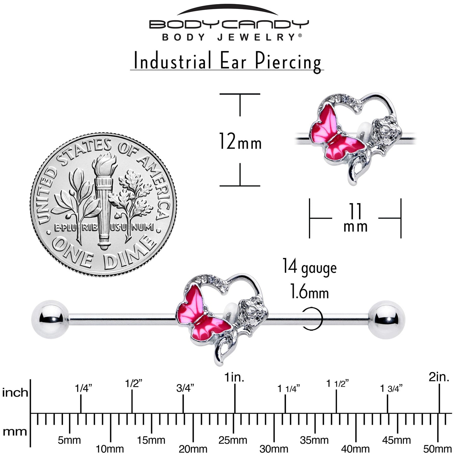 14G Clear Gem Butterfly Rose Flower Pink Industrial Barbell 38mm