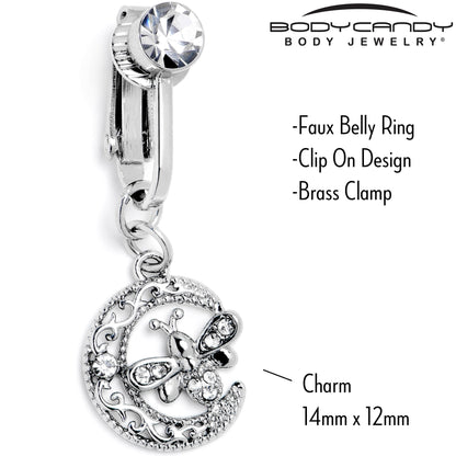 Clear Gem Lunar Dragonfly Fake Clip On Belly Ring