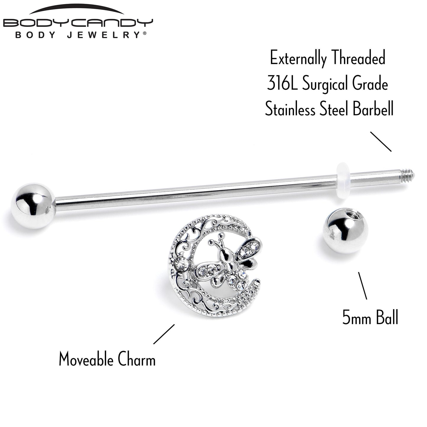 14G Clear Gem Lunar Dragonfly Industrial Barbell 38mm