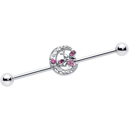 14G Pink Gem Lunar Dragonfly Industrial Barbell 38mm