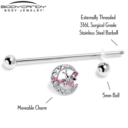 14G Pink Gem Lunar Dragonfly Industrial Barbell 38mm