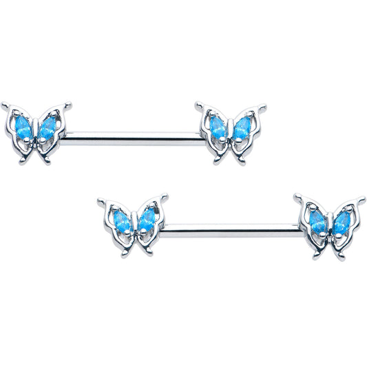 14G 9/16 Blue Gem Fancy Fab Butterfly Barbell Nipple Ring Set