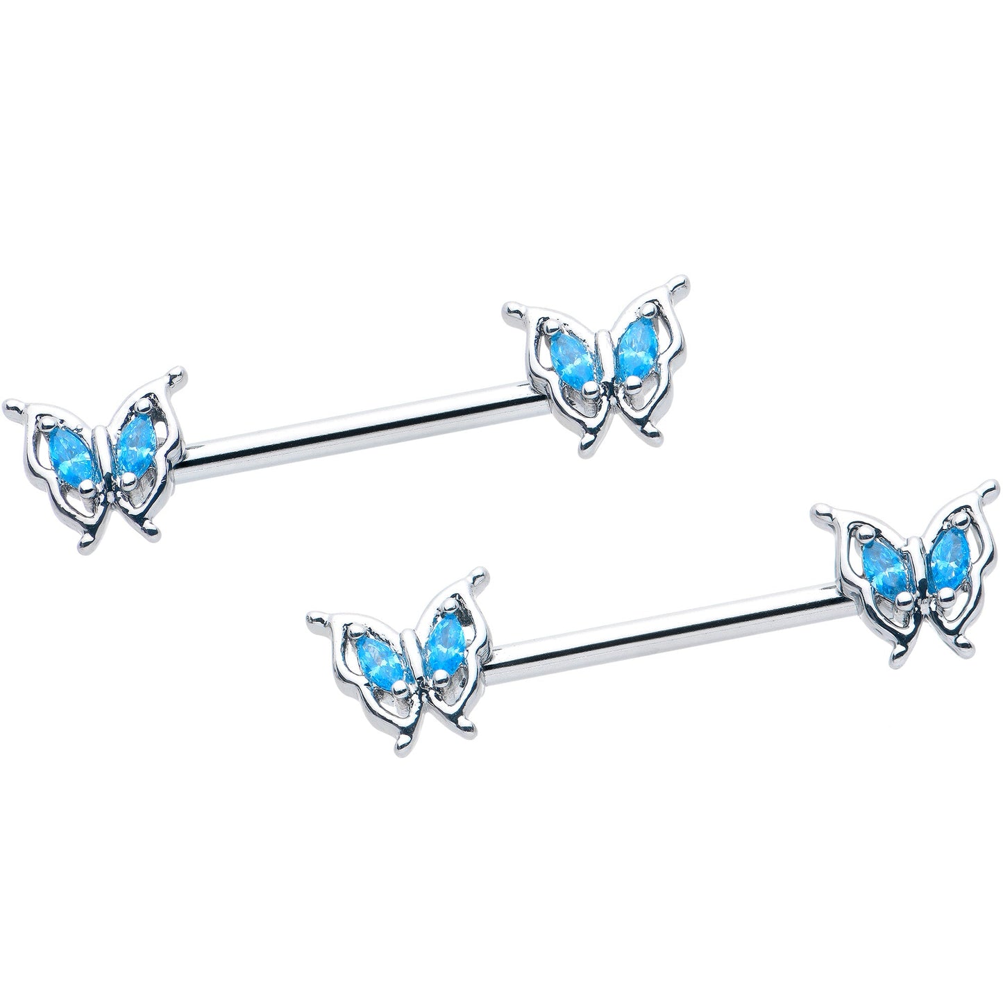 14G 9/16 Blue Gem Fancy Fab Butterfly Barbell Nipple Ring Set