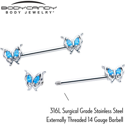 14G 9/16 Blue Gem Fancy Fab Butterfly Barbell Nipple Ring Set