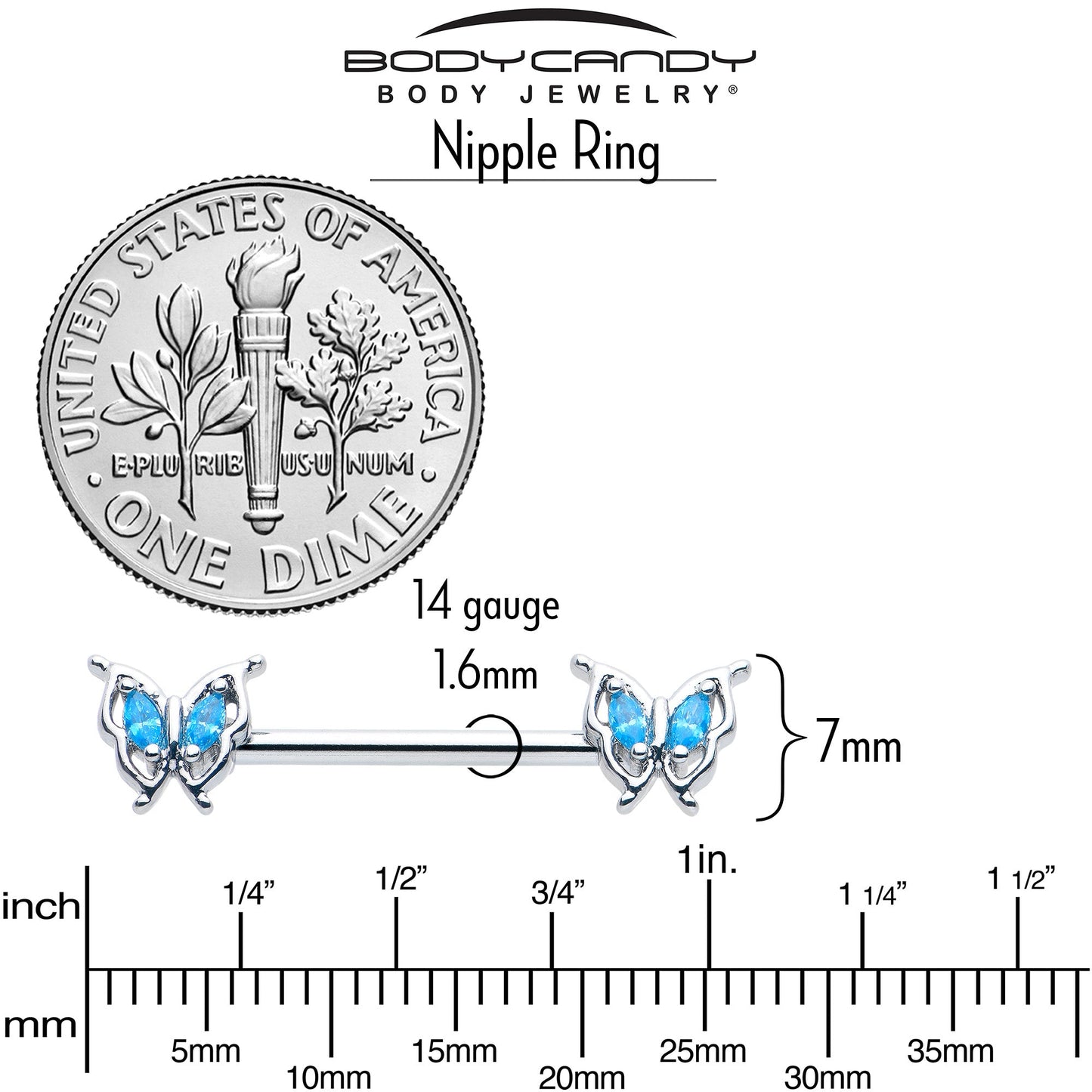 14G 9/16 Blue Gem Fancy Fab Butterfly Barbell Nipple Ring Set