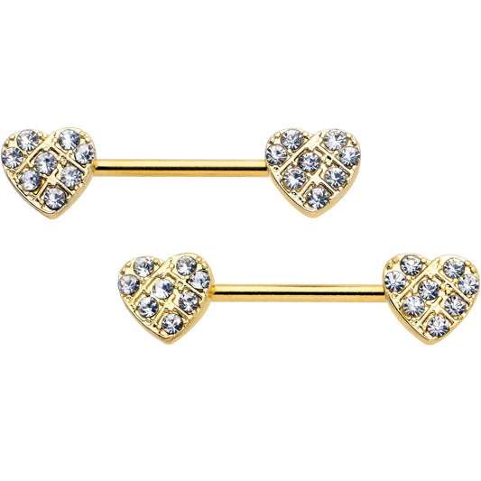 14G 9/16 Clear CZ Gem Gold Tone Lattice Heart Barbell Nipple Ring Set