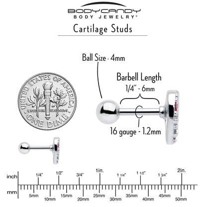 16G 1/4 Red CZ Gem Lattice Heart Cartilage Tragus Earring