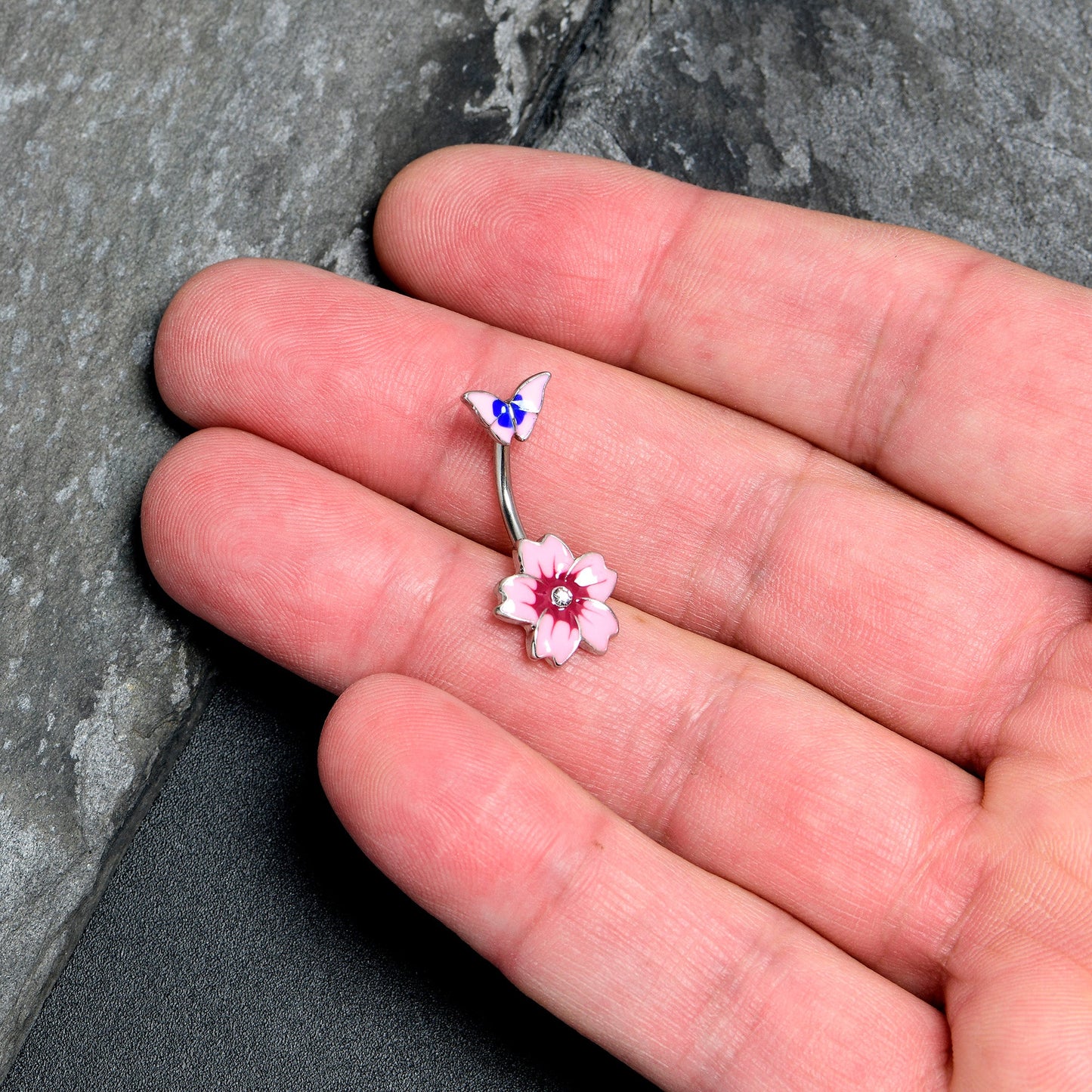 Clear Gem Perfectly Pink Flower Butterfly Double Mount Belly Ring