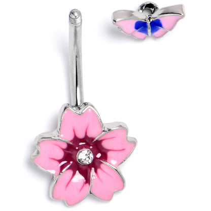 Clear Gem Perfectly Pink Flower Butterfly Double Mount Belly Ring